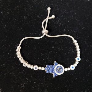 Hamsa Bracelet with cz diamonds Blue stones and Sterling silver